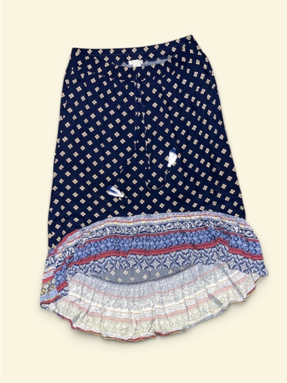 Ultra Flirt Navy Print High-Low Maxi Skirt with Multicolor Ruffle